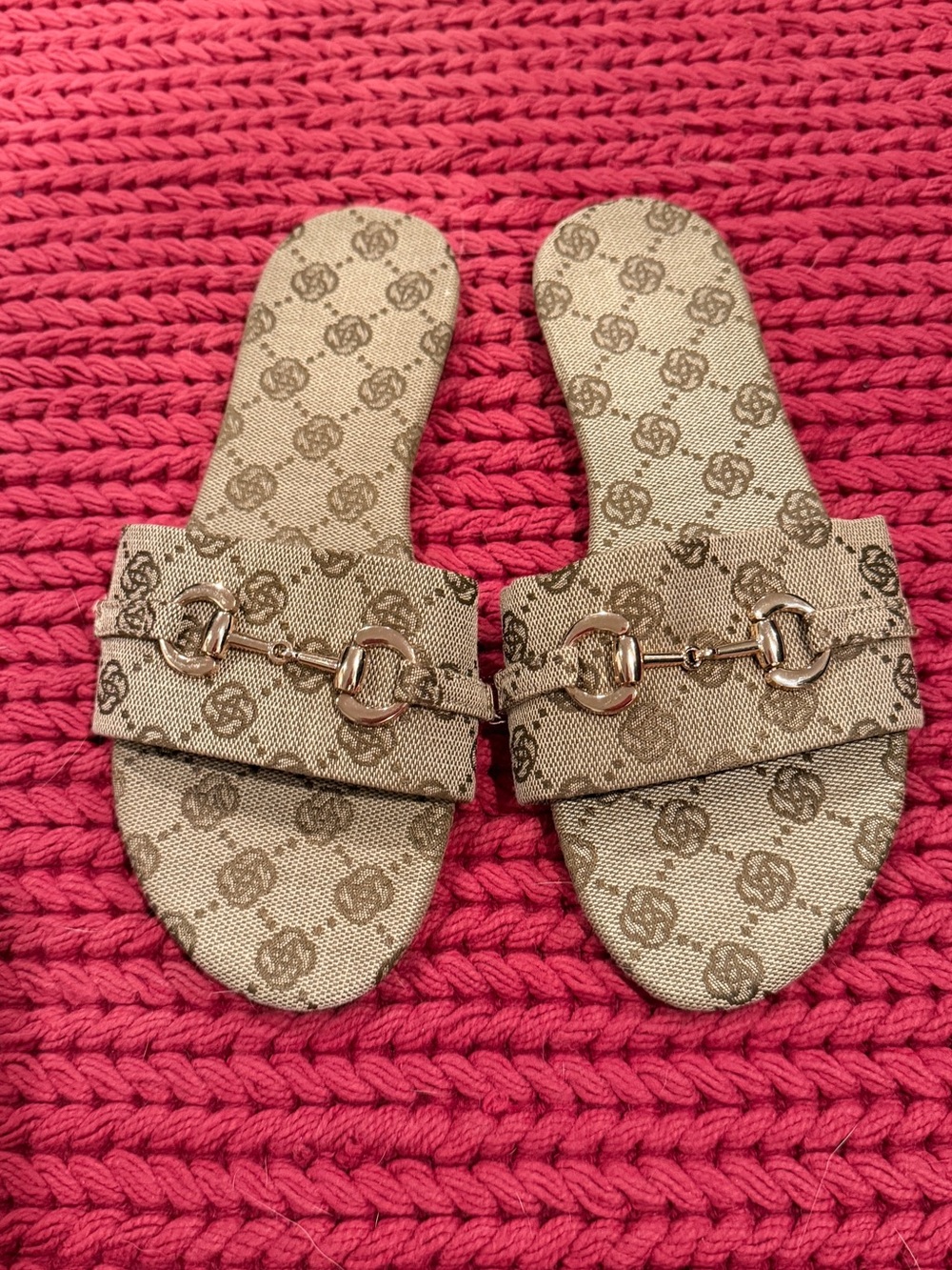 SHEIN Beige Monogram Slide Sandals with Gold Hardware
